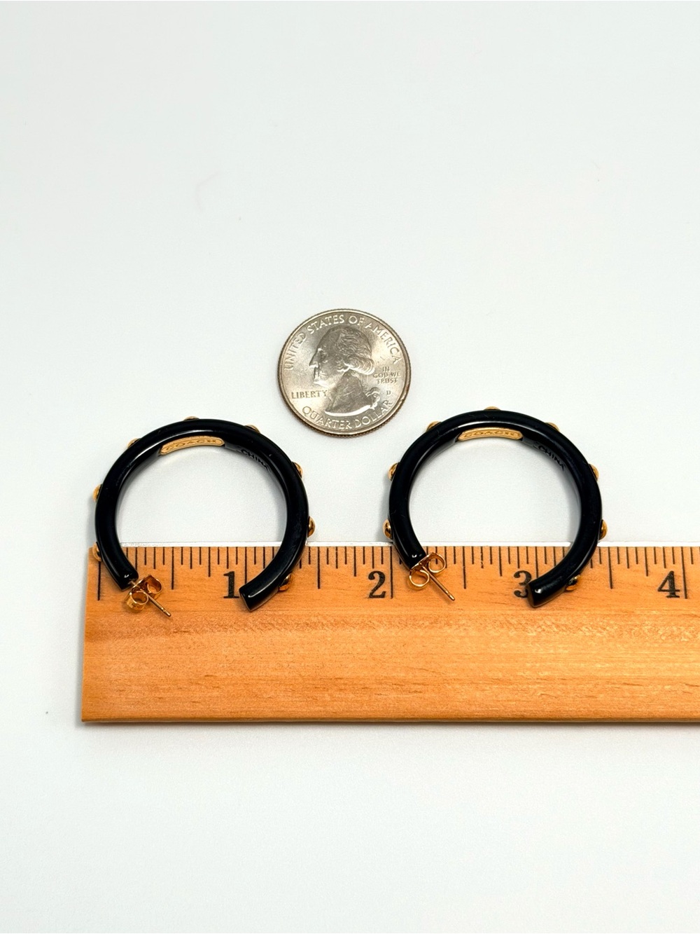 Coach Black Lucite Gold Tone Studded Hoop Earrings 1.5” Logo - Picture 13 of 14